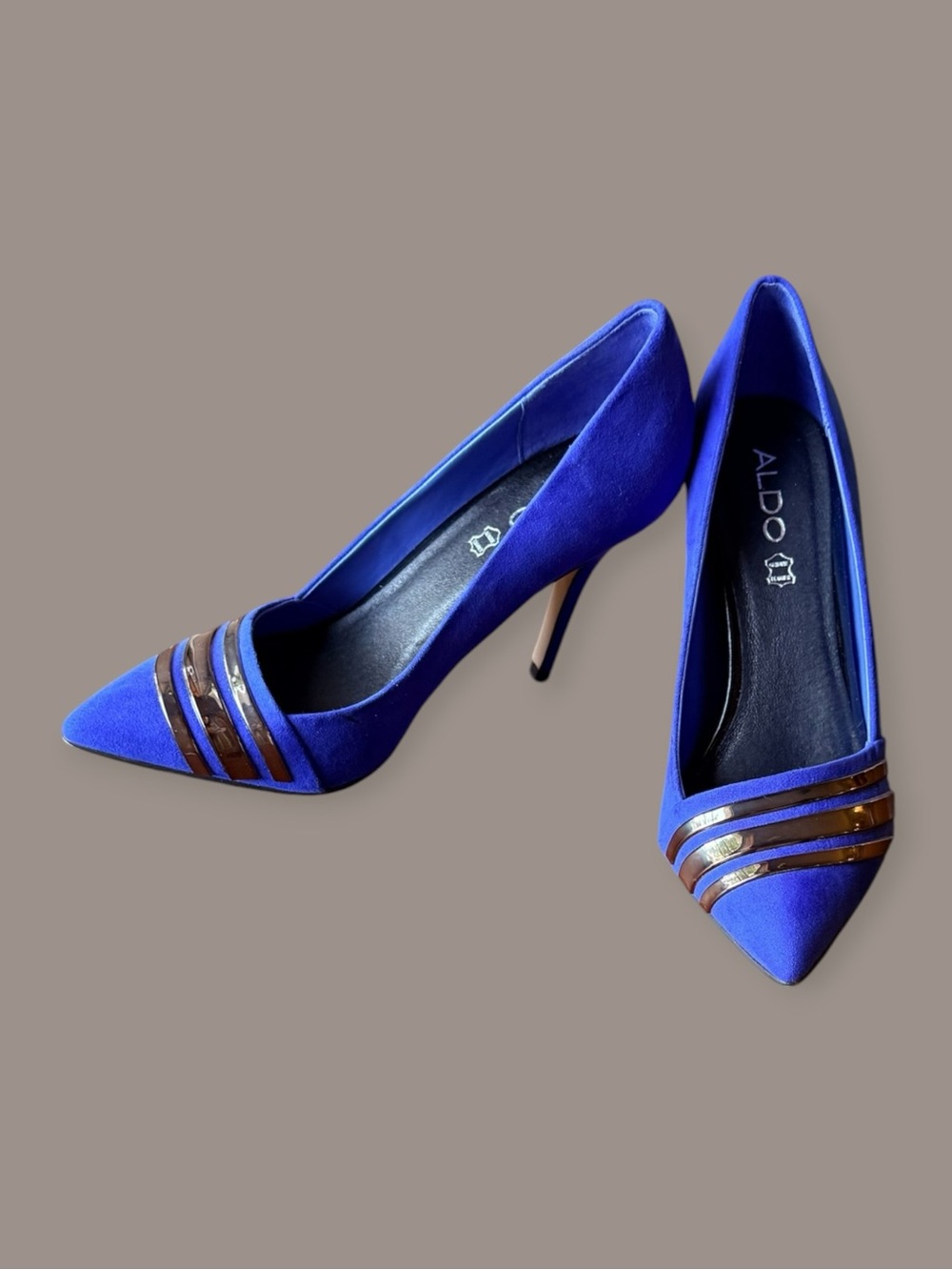 Aldo Electric Blue Pointed Toe Stiletto Pumps with Brown Metallic Straps